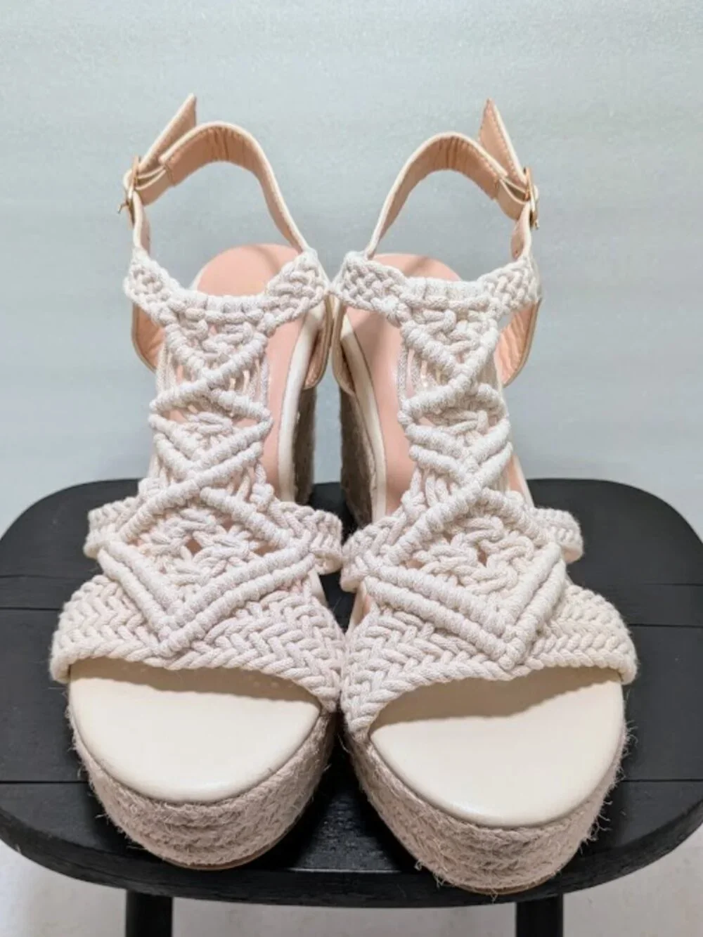 RUSAUISE Cream Macrame Espadrille Wedge Sandals Boho Crochet Platform 8.5 NWOT